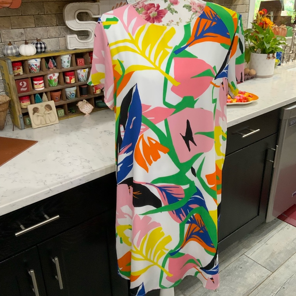 She+Sky Dress Womens Size Large Shift Keyhole Back Colorful 60’s 70’s Mod Print